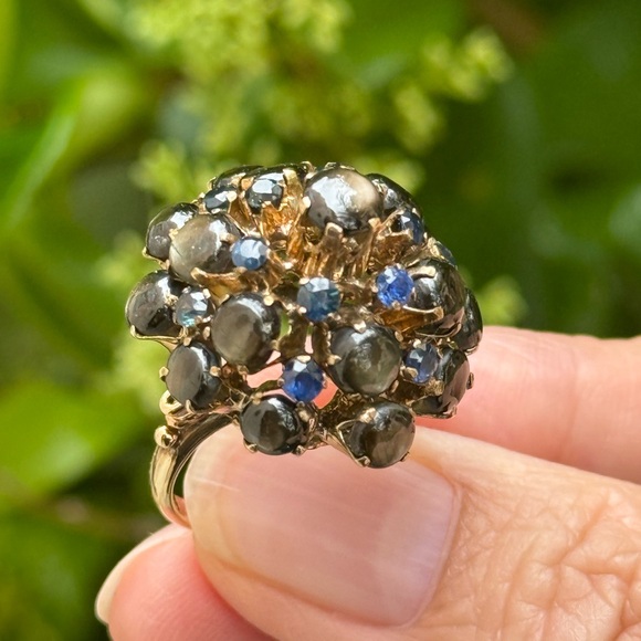 14K solid gold natural corn blue sapphire and black star sapphire cluster ring - Picture 3 of 9